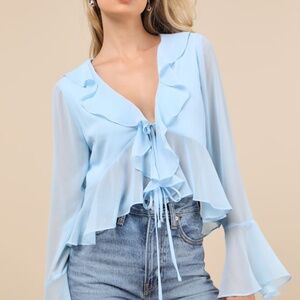 Lulus Thriving Flirt Blue Chiffon Ruffled Long Sleeve Tie-front Top - Size XS